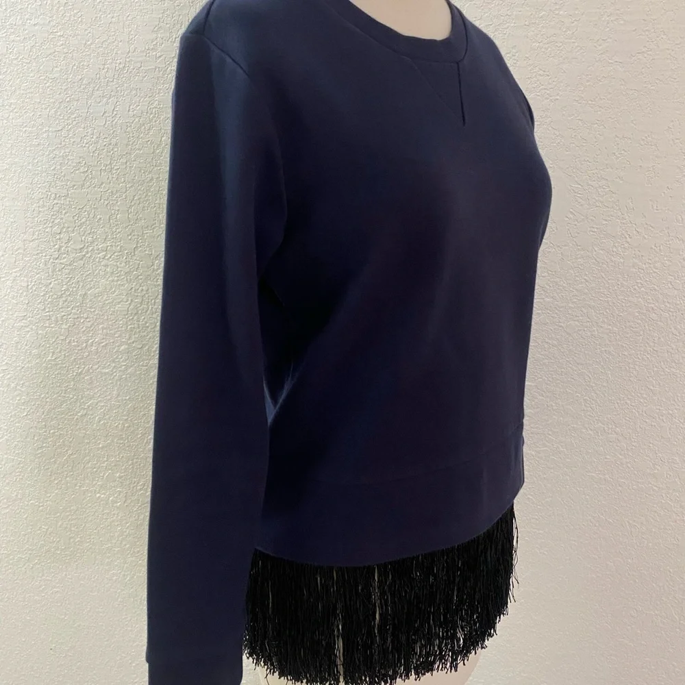 J Crew Navy‎ Blue Sweatshirt Women’s  Crew Neck With Fringes Details Size XS